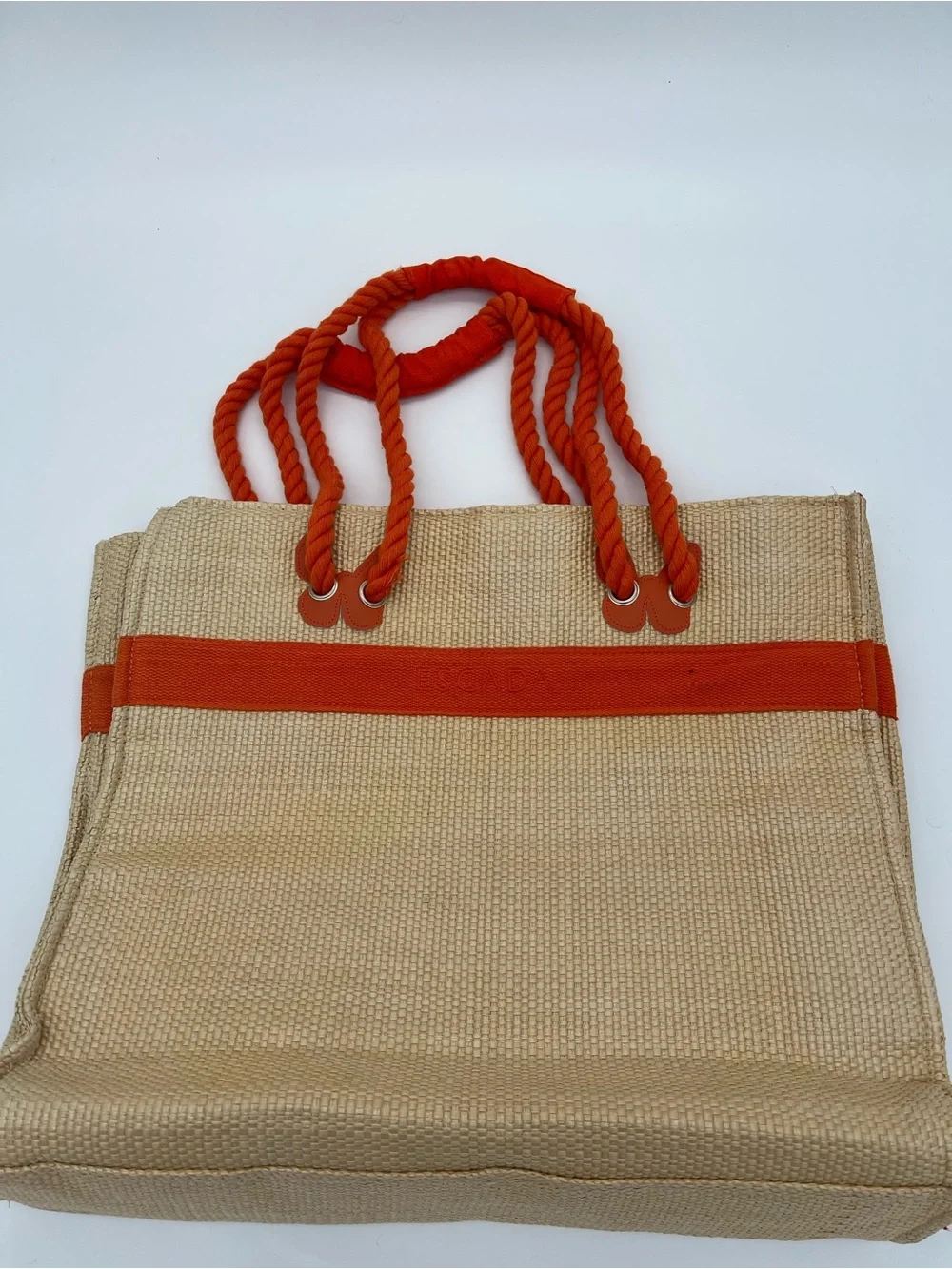 Escada Beige Straw Tote with Orange Rope Handles
